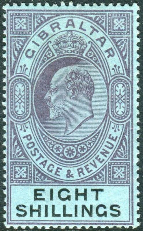 GIBRALTAR-1903 8/- Dull Purple & Black/Blue superb lightly mounted mint Sg 54