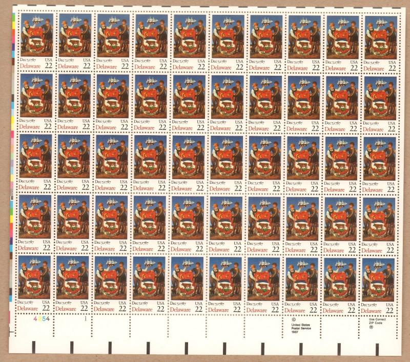 2336 Delaware  MNH  22 c Sheet of 50  FV $11   1987