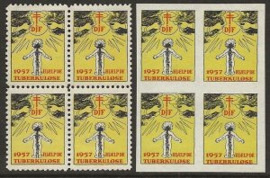 1957 Denmark DJF Danish Local Xmas TB Seal BLOCKS Perf + Imperfect VF-NH-