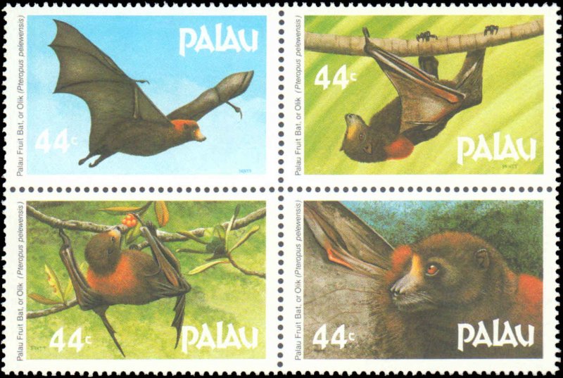 Palau #125a, Complete Set, Block of 4, 1987, Bats, Never Hinged