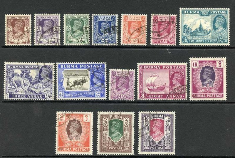 Burma SG51/63 Set of 15 (2a6p is mint) Cat 110 Pounds 