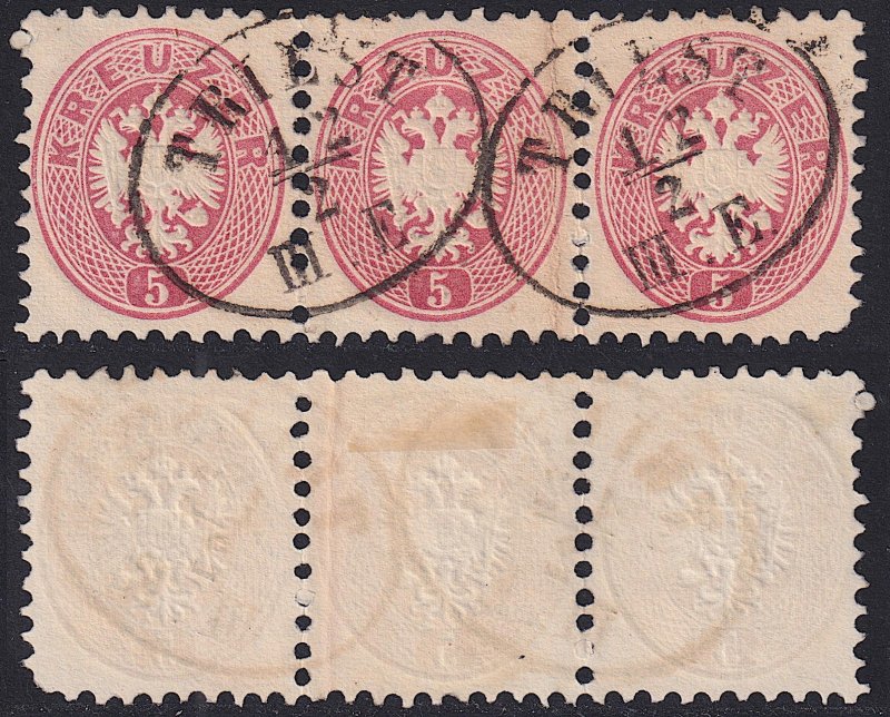 Austria - 1863 - Scott #24 - used strip of 3 - TRIEST oval pmk Italy
