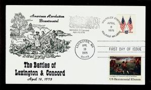 FIRST DAY COVER #1563 10c Lexington Concord Lexington Cxl WALPOLEX U/A FDC 1975