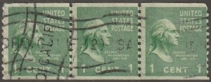 USA stamp,, Scott# 839, used, Strip of 3, Coil stamp, perf 10 vert,  Washington