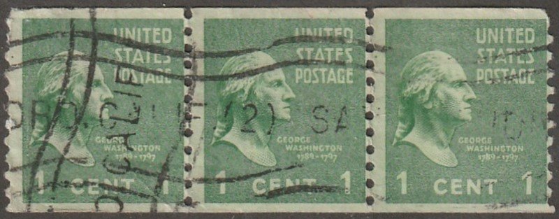 USA stamp,, Scott# 839, used, Strip of 3, Coil stamp, perf 10 vert,  Washington