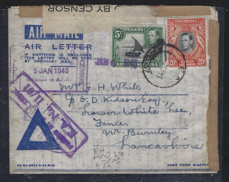 KENYA.UGANDA, TANGANYIKA (P0302B) 1945 FORMULA AEROGRAM EA HDZS CANSOR TO ENGLAN