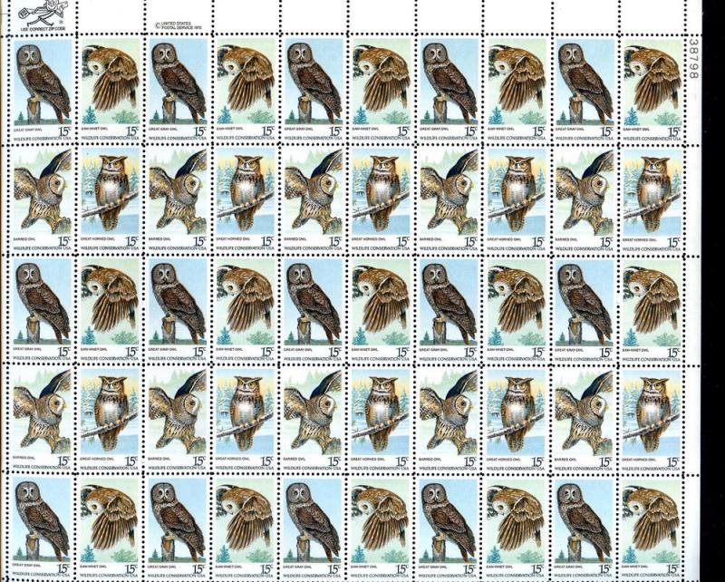 U.S. 1978 #1760-1763, Owls pane of 50 - below face