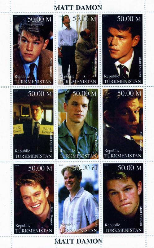 Turkmenistan 1999 MATT DAMON Sheet (9) Perforated Mint (NH)