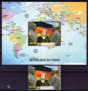 Chad 2009 Angela Merkel/ Charles de Gaulle /Konrad Adenauer Set + S/S Perf.MNH