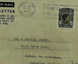 Bermuda KGVI 6d AIR LETTER Used 1954 Air Mail Cover {samwells-covers} CS303