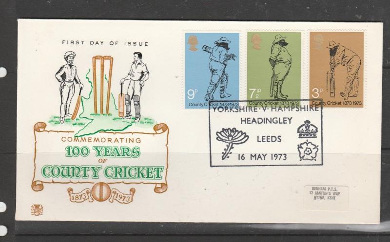 GB FDC 1973 Cricket, Yorkshire Vs Hampshire cancel, small label, address, Fine