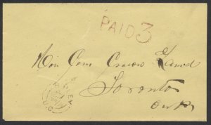 1874 Stampless Cover PAID 3 Ripley (Bruce) UC to Toronto 20mm Split Ring