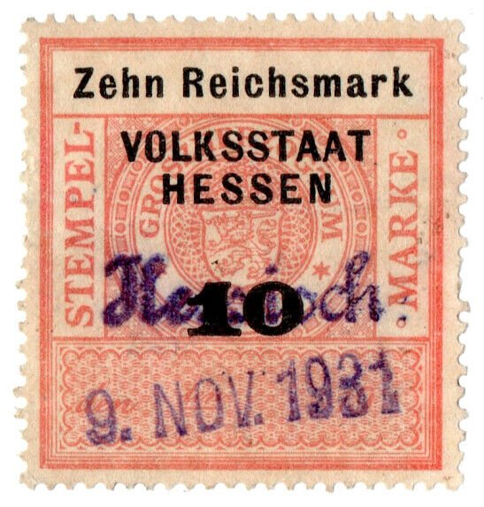 (I.B) Germany Revenue : Stempelmarke 10M (Hessen)