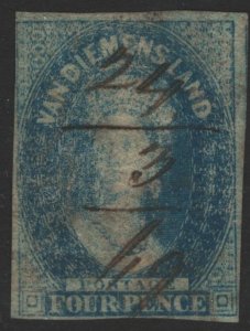 Tasmania Sc#13 Used - 4 margin, manuscript cancel