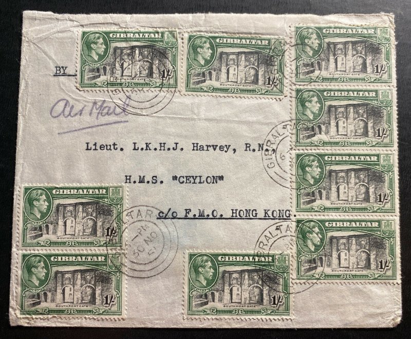 1951 Gibraltar Airmail Cover To HMS Ceylon Ship In Hong Kong 