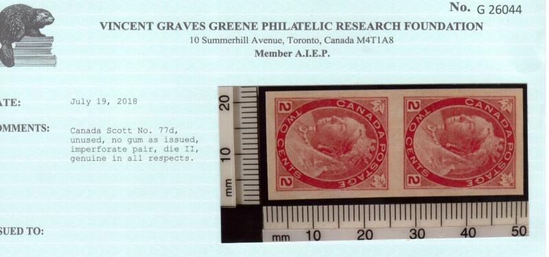 Canada #77d Extra Fine Mint Imperf Pair No Gum As Issued **With Certificate**