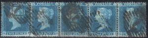 GB QV SG27 2d Blue Plate 5 (QF-QJ) LC16 (1855) *STRIP OF FIVE* Cat £2,250+ SS484