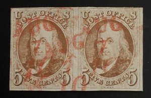 Tangstamp:US Stamp #1 Franklin Used Pair 4 Margins (tight UL) Red Cancel CV$2000