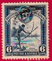 BRITISH GUIANA SCOTT#233 1949 6c NATIVE SHOOTING FISH - USED