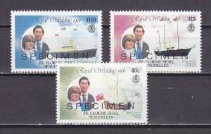 Seychelles, Zil, Scott cat. 24,26,28. Royal wedding issue. Specimen o/print. ^