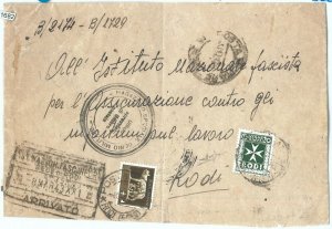 71682 - RODI -  STORIA POSTALE - SEGNATASSE Sass # 3 su busta da ITALIA  1943