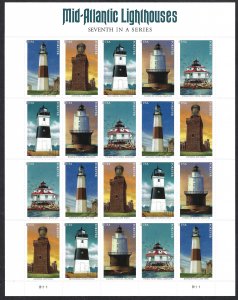 United States #5621-5625 (55¢) Mid-Atlantic Lighthouses (2021). Mini-sheet. MNH