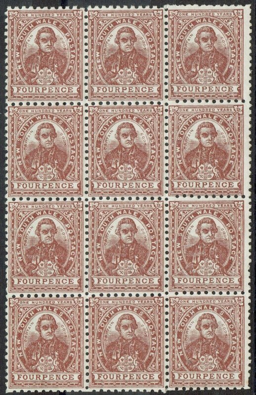 NEW SOUTH WALES 1888 COOK CENTENARY 4D MNH ** BLOCK WMK CROWN/NSW PERF 11 X12