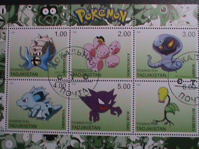 ​TAJIKISTAN -2000 LOVELY FAMOUS POKEMON FANCY POSTAL CANCEL CTO SHEET VF