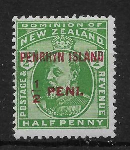 PENRHYN ISLAND SG19a 1914 d YELLOW-GREEN NO STOP AFTER ISLAND VAR MNH