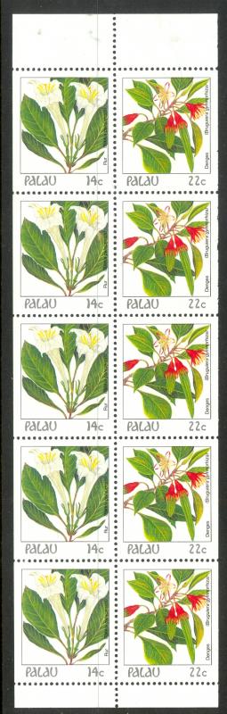 PALAU 1987-88 14c + 22c Indigenous Flowers Booklet Pane of 10 Scott No. 132b MNH