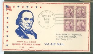 US 725 1932 3c Danial Webster bl of 4 on an addressed (typed) FDC with a Stoutsenburg cachet and a Hanover, NH cancel