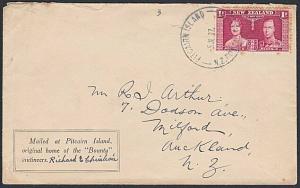 PITCAIRN 1937 NZ POSTAL AGENCY cds on NZ 1d Coronation on signed cover.....87636