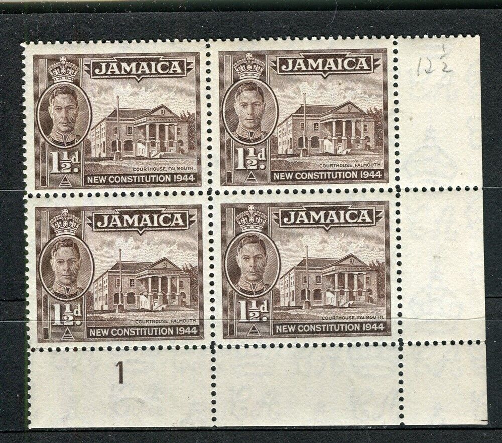 JAMAICA; 1944 early GVI Pictorial issue MINT MNH CORNER BLOCK of 4