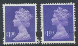 Great Britain SG Y1743 SC# MH279 Machin £1 Used x2  Bluish Violet see phosph...