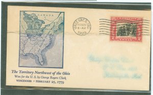 US 651 1929 2c Battle of Vincennes; George Roger Clark on an addressed first day cover with a Floyd Shockley cachet with a Vicen