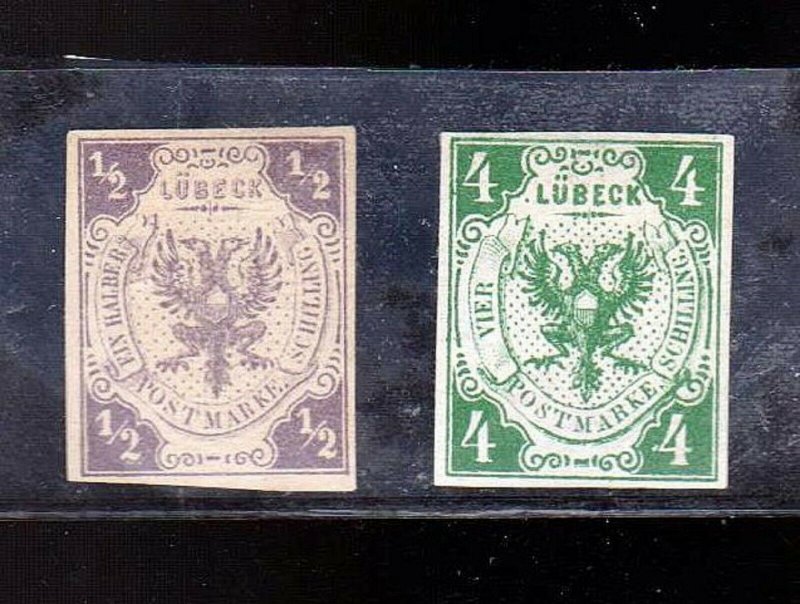 GERMAN STATES LUBECK 1859-62 STAMPS. COAT OF ARMS. SC6 1/2G AND SC4 4S  MH XF