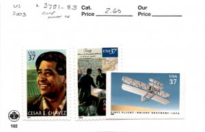 United States Postage Stamp, #3781-3783 Mint NH, 2003 Cesar Chavez, Wright Bros.