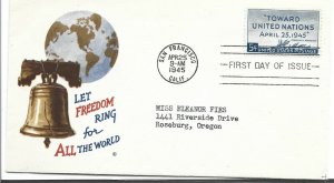 United States World War II cover Scott 928 UN first day cover, Patriotic Cachet