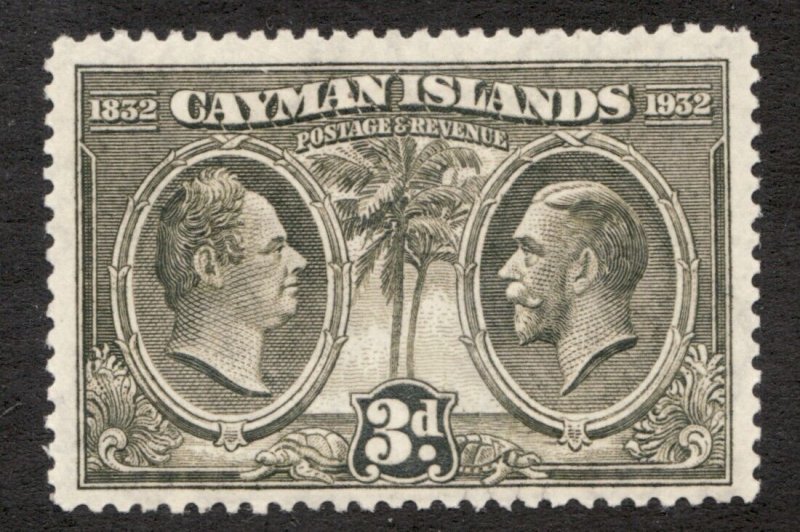 1932 Cayman Islands 100th Anniv. - Sc# 75 - 3d, William IV/George V. MH Cv$8.50
