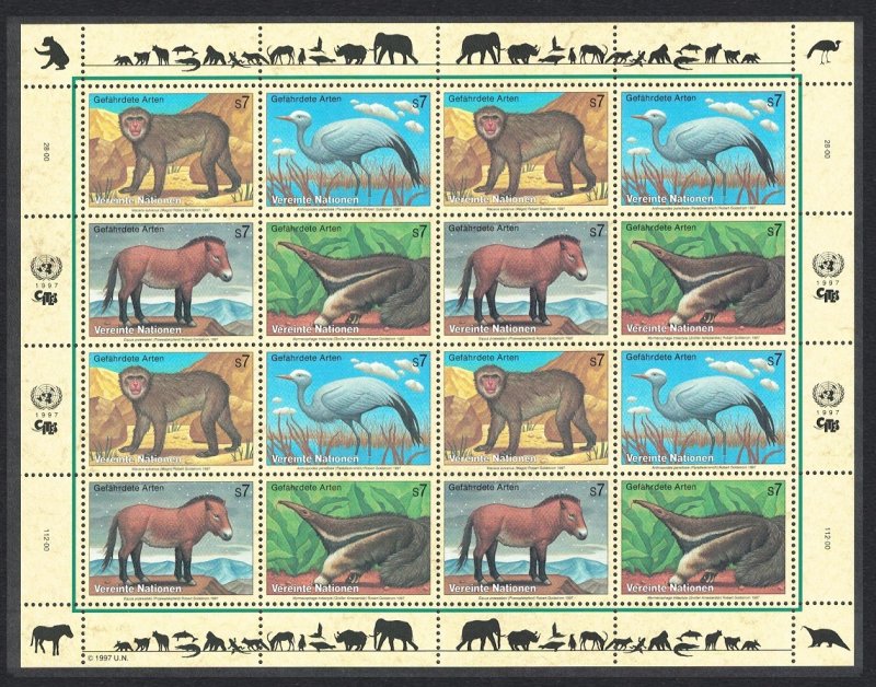 UN Vienna Birds Ape Stork Horse Anteater 4v Sheetlet of 4 sets 1997 MNH