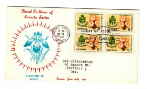 Canada 1964 White Garden Lily  #419 block of 4  FDC Personal cachet addressed