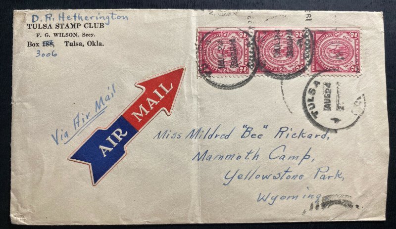 1924 Tulsa AZ USA Stamp Club Airmail Cover To Yellowstone Park Wyoming