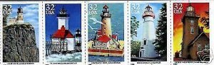 1995 Lighthouse Booklet Pane Of 5 32c Stamps, Sc# 2969-2973, MNH, OG