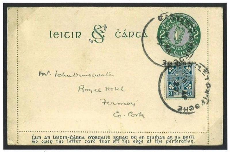 J255 1927 Ireland EIRE *Castletownroche* (Cork) Skeleton CDS Letter Card Fermoy