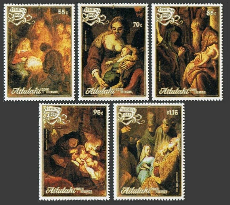 Aitutaki 423-427,428 sheet,MNH.Michel 642-646,Bl.71. Christmas 1988.Rembrandt.