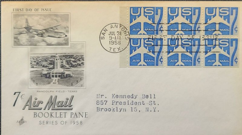 1958 US Airmail FDC #C51a  Booklet Pane Of 6 San Antonio Texas W/ Cachet
