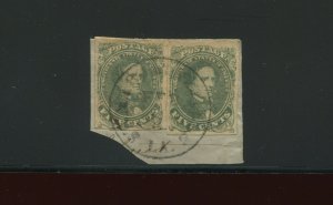 Confederate States 1 Jefferson Davis 2 Used Stamps on Small Piece (CSA 1-A5)