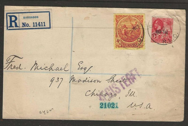 BARBADOS 1917 COVER WAR TAX 1D +4D BRITANNIA REG COVER  TO USA VFU P0919A  H
