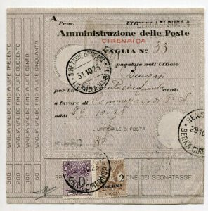 Cirenaica - Postage due money order Lire 2 + complementary on money order