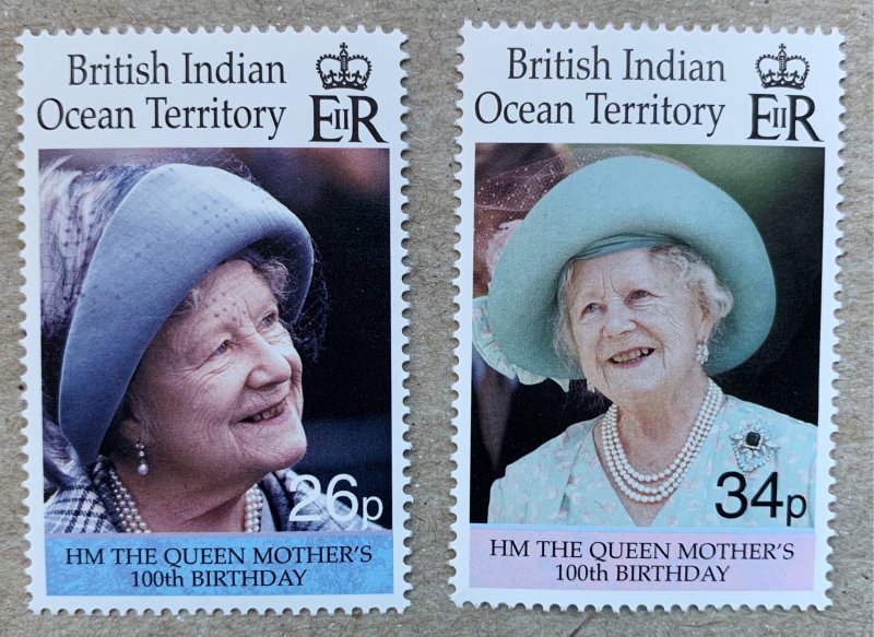 BIOT 2000 Queen Mother's 100th Birthday, MNH. Scott 223-224, CV $4.50